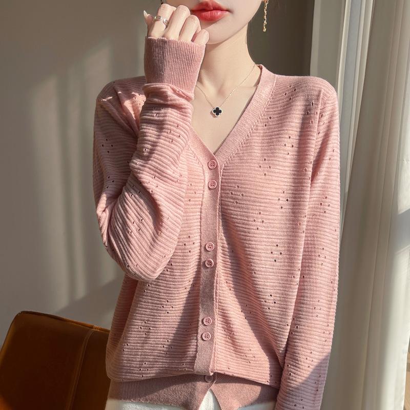 Women S V Neck Long Sleeve Knit Cardigan Solid Color Loose Fit Cutout