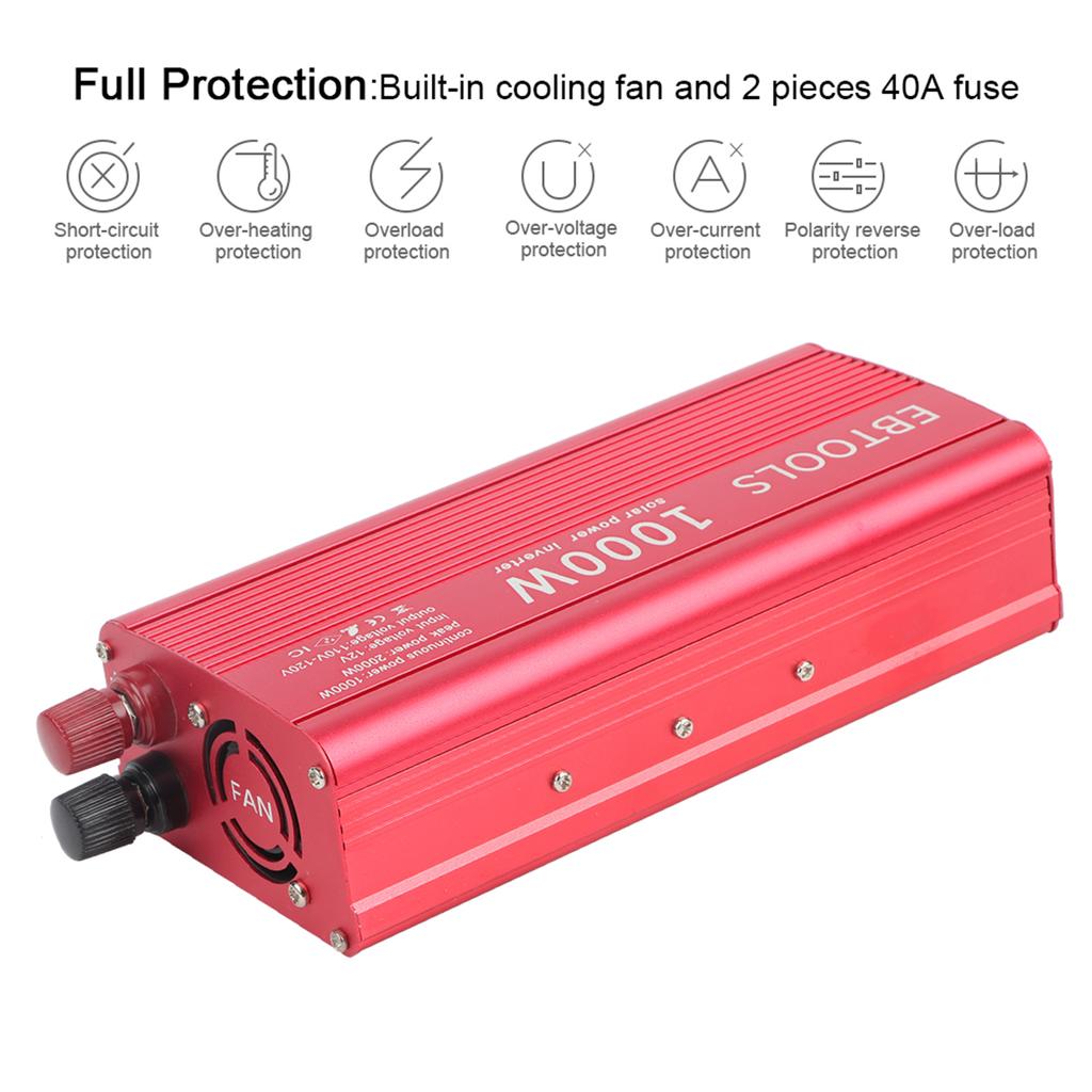 Car Power Inverter EBTOOLS 1000W 2000W Inverter 12V DC To 110V AC Car Converter with 2 AC Out