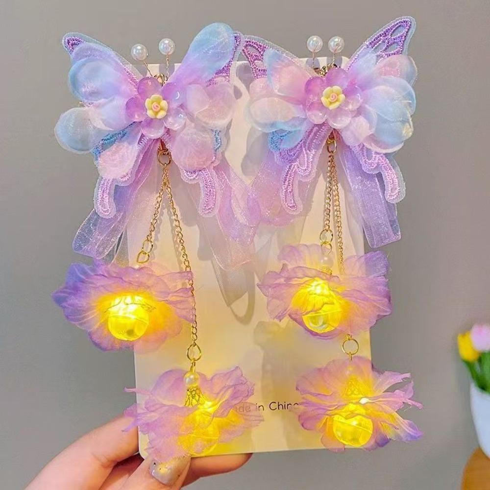 2pcs/set Luminous Flower Faux Flower Hairpin Extra Large Shake Tassels Tassel Hair Clip Silk Butterfly Hairclips Children's Use