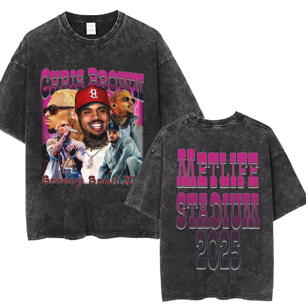 retro Washed Chris Brown Breezy Bowl XX Tour Graphic T Shirts Men Hip Hop Fashion Casual Tshirts Unisex Summer Cotton tees