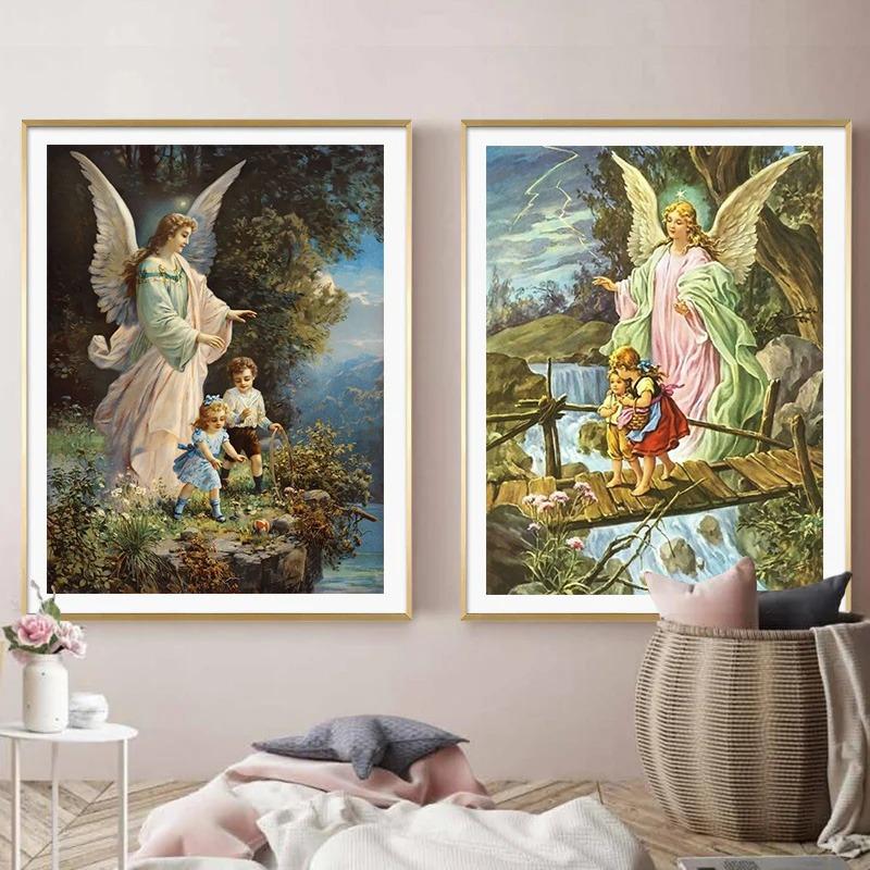 Vintage Guardian Angel Canvas Printmaking Gallery Decoration Angel Mom and Children Living Room Home Canvas Painting Wall Art