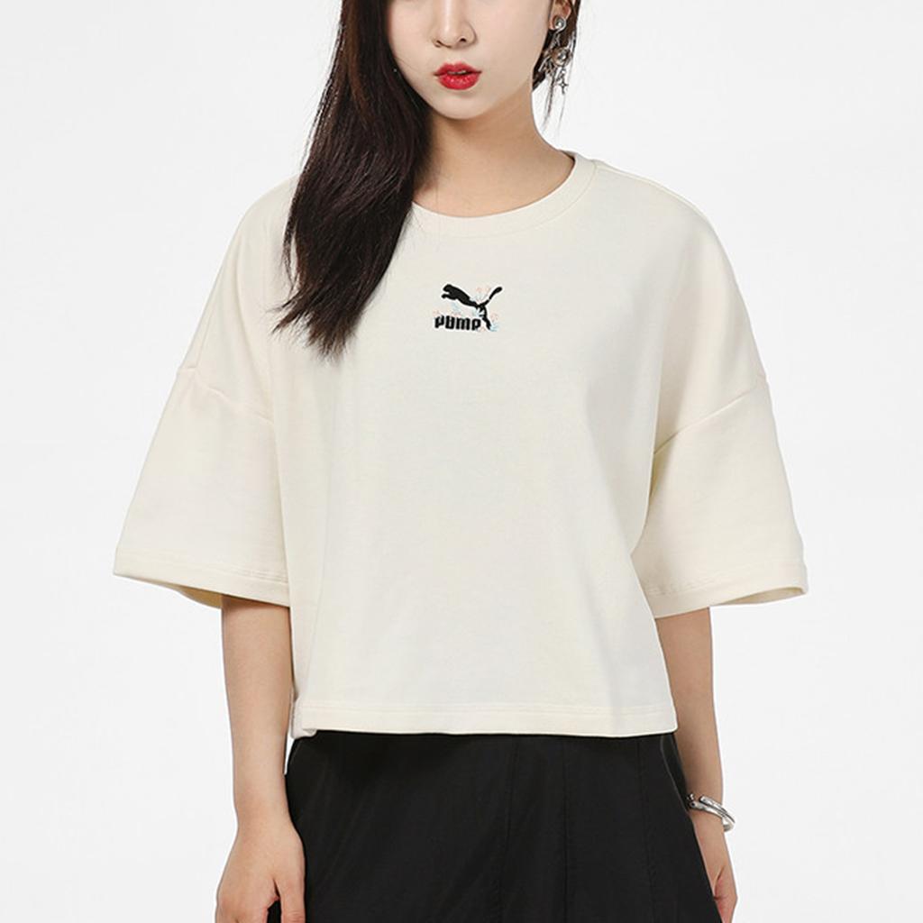 Puma Embroidered Logo Casual Sports Breathable Short Sleeve Round Neck T-Shirt Women Tops Off-White 533212-73