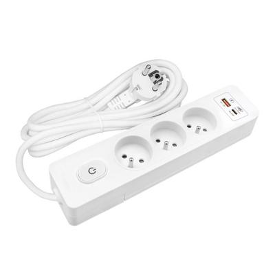 Удлинитель SELDUR G3FH52B, 3 розетки типа E + выключатель, USB A+C быстрая зарядка 20 Вт, Белый, кабель 5 м