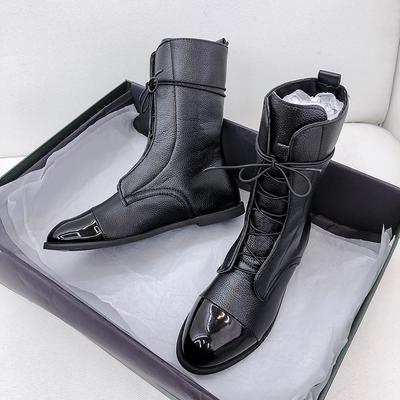 Модные женские сапоги с острым носком, женские туфли из телячьей кожи на низком каблуке, повседневные короткие зимние женские теплые сапоги со шнуровкой