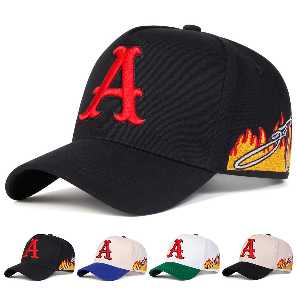 Unisex A Letter Embroidery Side Flame Baseball Caps Adjustable Casual Hats Spring and Autumn Outdoor Sunscreen Hat