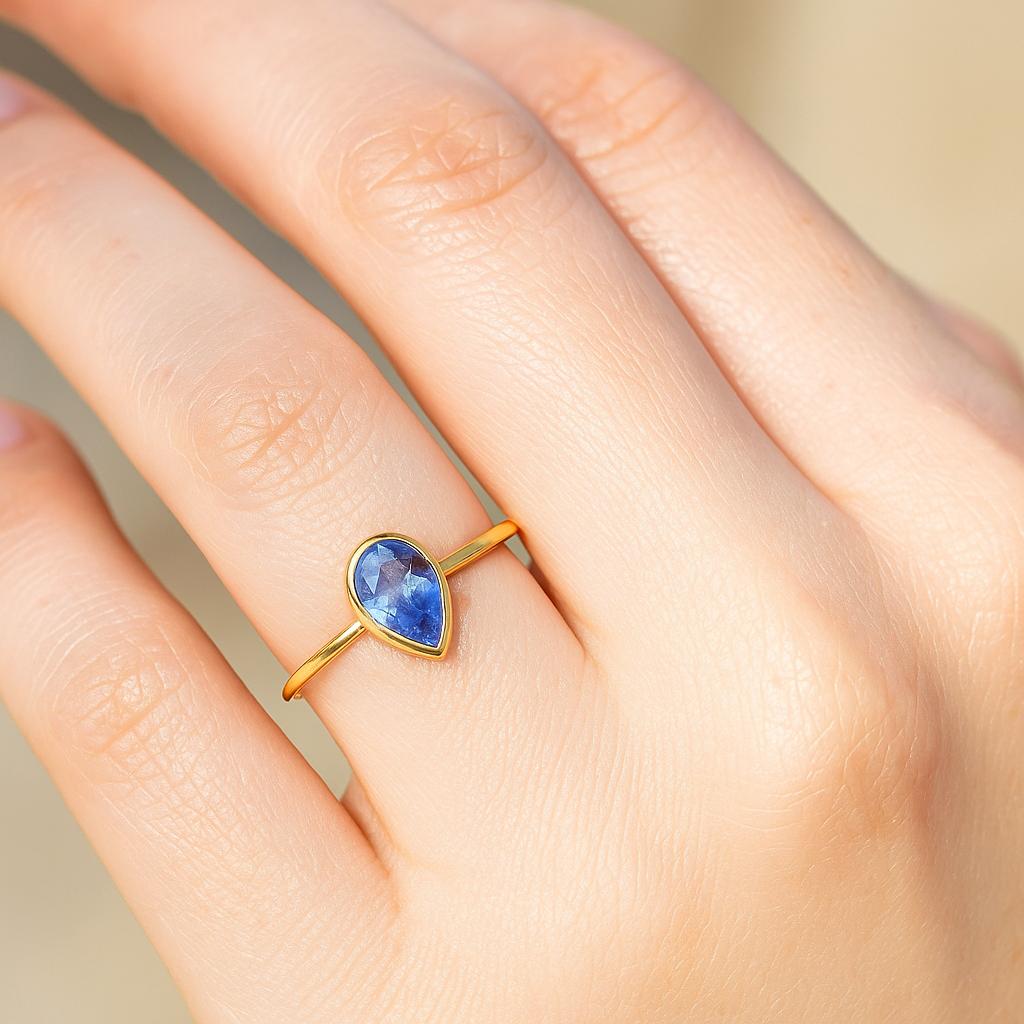 Blue Sapphire Teardrop Gold Plated Ring for Women – Elegant Gemstone Jewelry
