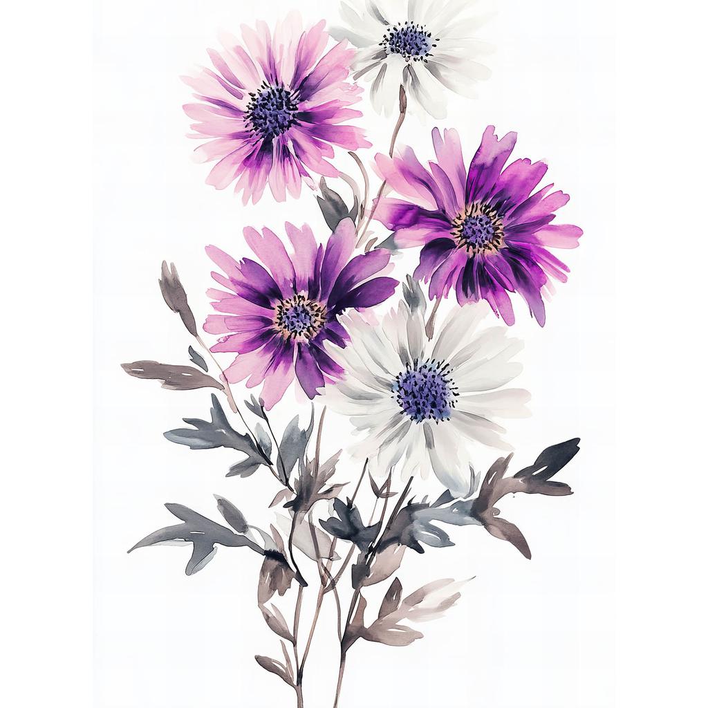 Kwiatowa Kompozycja W Akwareli Kwiatowa Kompozycja W Akwareli, 50X70 Cm, Rama Drewniana Jasny Dąb, Papier Matowy 230 Gsm