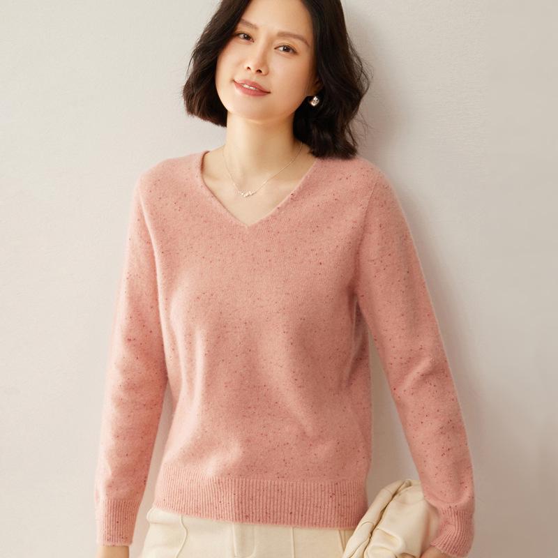 Новый роскошный свитер из 100% чистой шерсти с цветочным узором - женский корейский с V-образным вырезом, плотная и свободная вязка