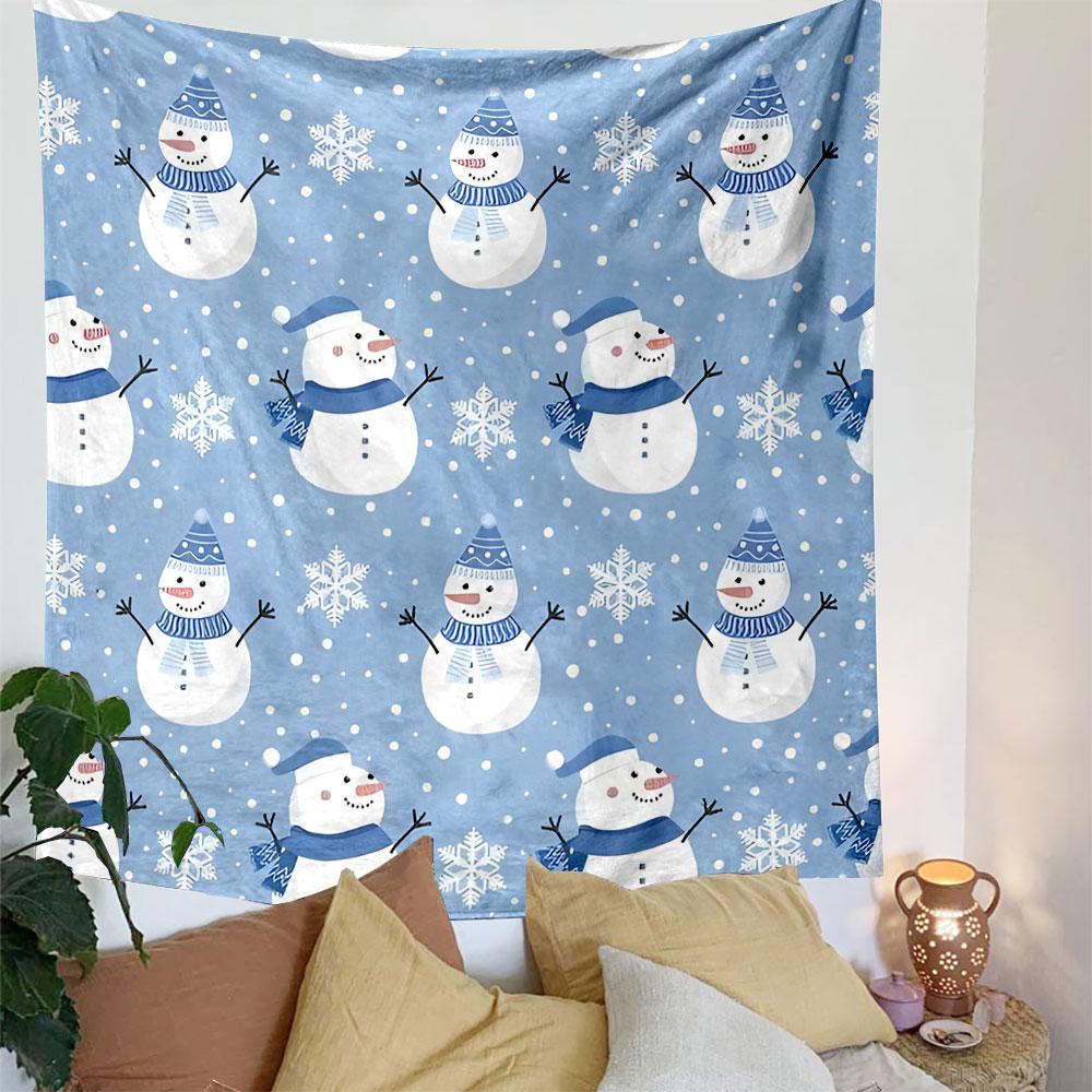 Snowman and Snowflake Winter Pattern Patterned Tapestry Decorative Wall Hanging, Home Bedroom Living Room Decor