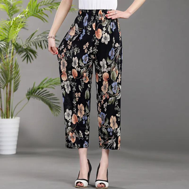 Summer Middle-aged and Elderly Women's Pants Ice Silk Cool Pants Loose Plus Size Floral Pants Elastic Waistband Cropped Pants Casual Pants