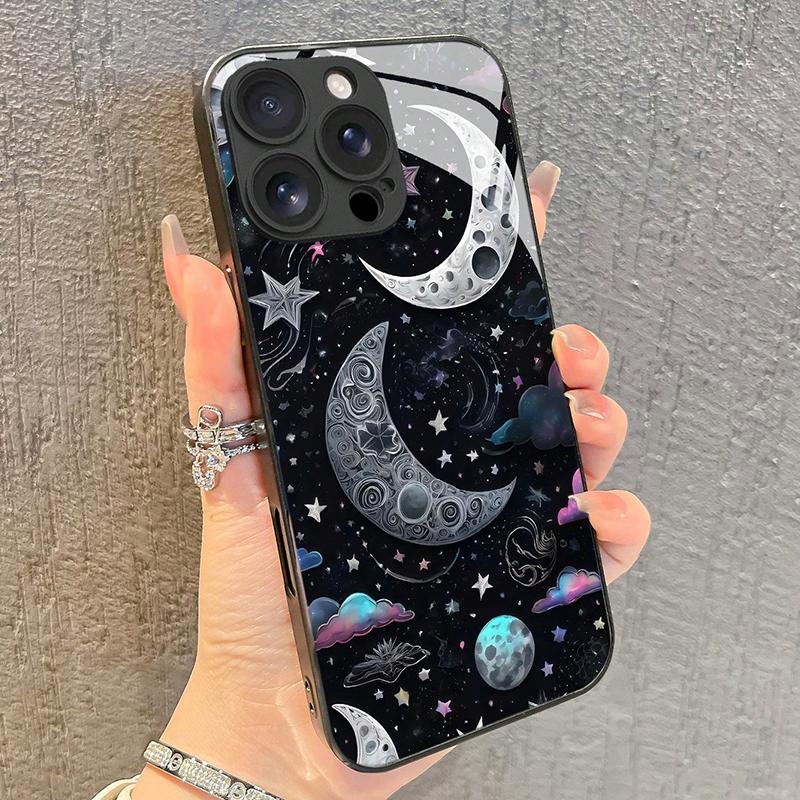 Цветной чехол для телефона со звездами и луной, стеклянный, для iPhone 17 16 15 14 13 12 11 Pro Max 16E 7 8 Plus XR XS X, противоударный