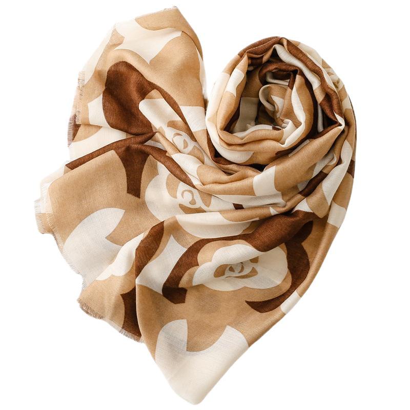Khaki Camellia Silk and Cotton Scarf: Warm Autumn/Winter Shawl for Women