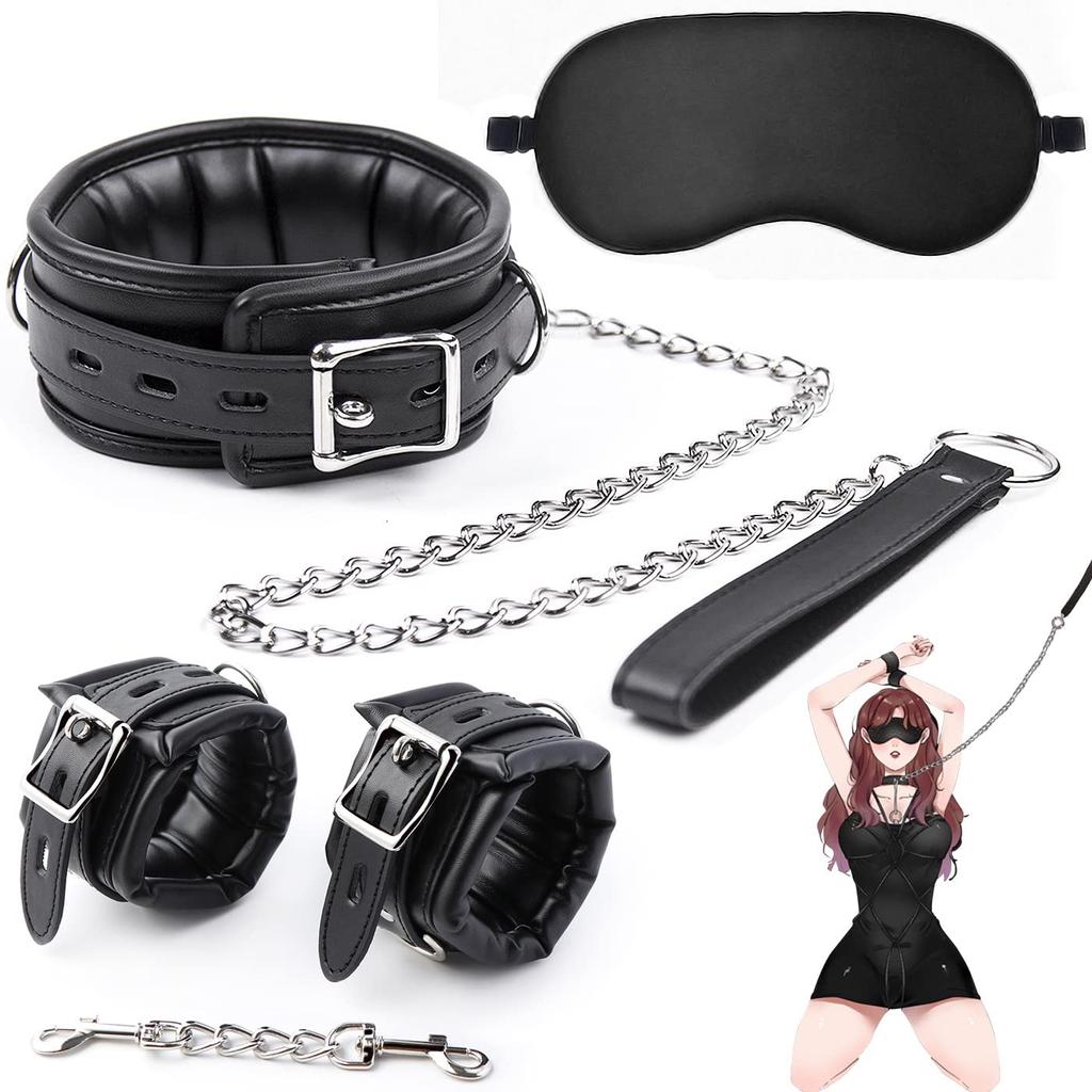 Sexyhot Collar Human SM Lead Handcuffs Blindfold 3 Piece Set Thick PU No Pain SM Neck Shackles Handcuffs Training Restraint Metal Chain SM Goods