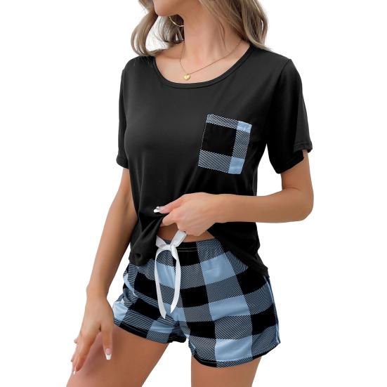 Women's Graphic Pajamas Sets Crew Neck Short Sleeve Top Plaid Shorts Sleepwear Set Summer Two-Piece Loungewear Outfit