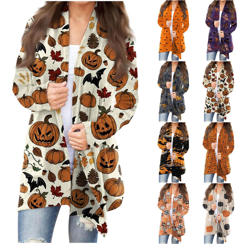 Women's Fashion Casual Halloween Printed Long Sleeve Mid-Length Cardigan Jacket