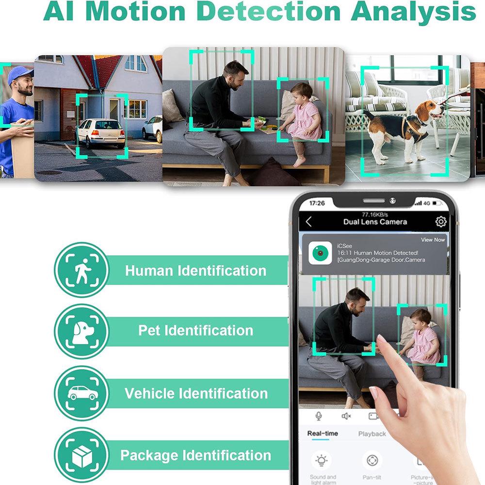Беспроводная HD-камера ICSee с двумя объективами 8 Мп: 360° TPZ, Полноцветный, Водонепроницаемый для использования в помещении/на улице