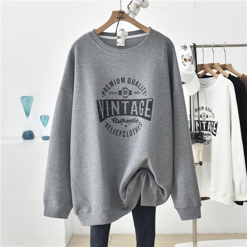 Вафельная женская толстовка с длинным рукавом, свободный повседневный пуловер больших размеров