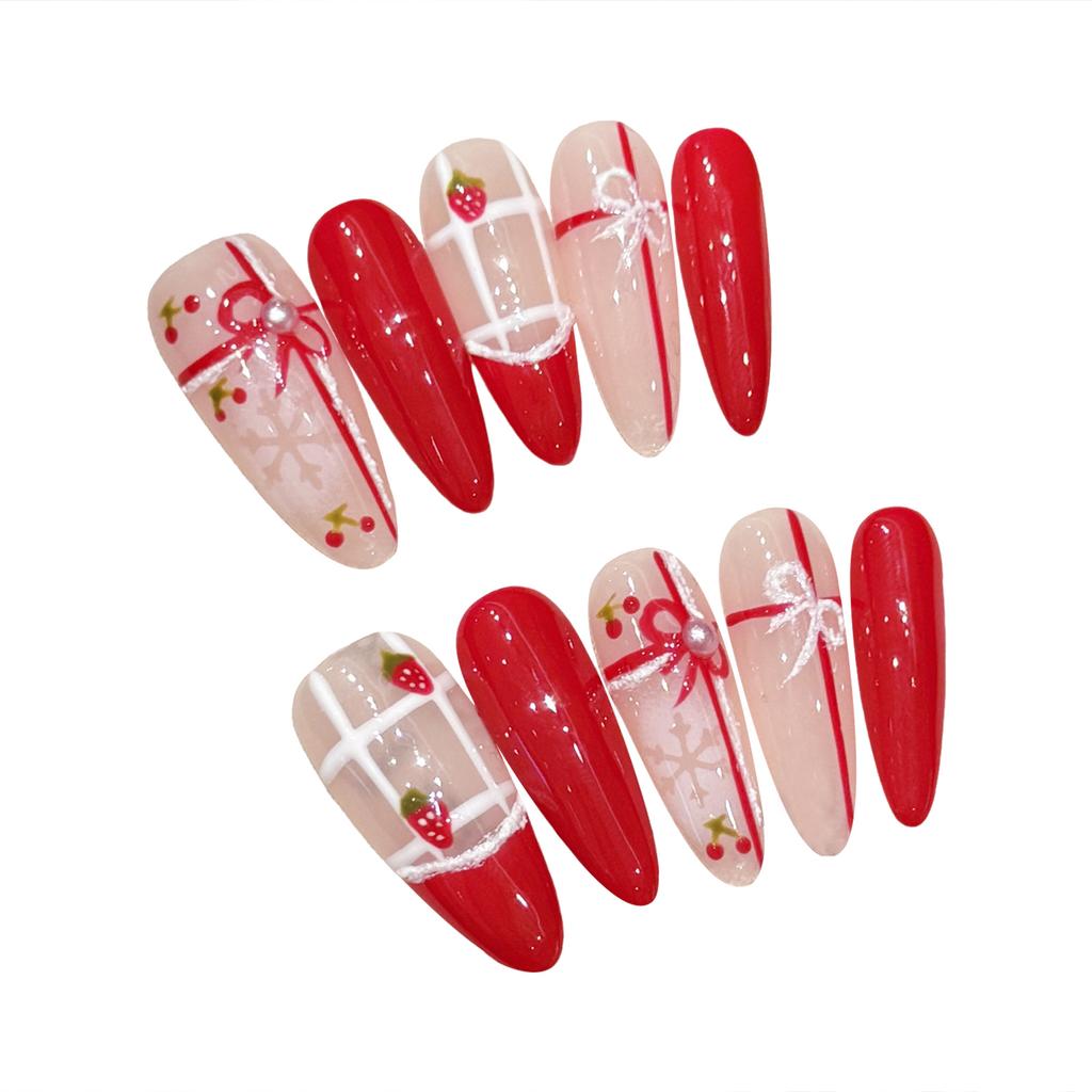 Creamy Cherry Nail Art Press On Nails Strawberry Pattern Removable Design