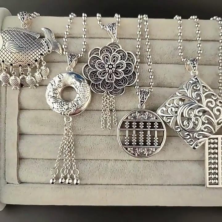 Retro Silver Peace Lock Pendant Necklace - Four-sided Wealth Women's Long Sweater Chain In National Style