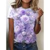 Women's T-shirt with Purple Flower Print, Summer Casual Round Neck Short Sleeved Top, Outdoor Fashion Women's T-shirt