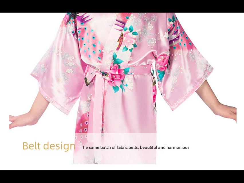 Летняя ночная рубашка для девочек с принтом павлина и пиона, шелковая на ощупь, халат