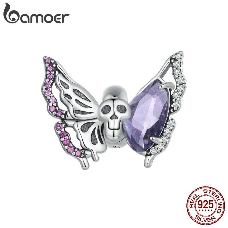 BAMOER Стерлингового Серебра 925 пробы Скелет Сердце и Бабочка Шарм Бусины Череп Бабочка Силиконовый Подвеска для Женщин Браслет DIY Ювелирные Изделия