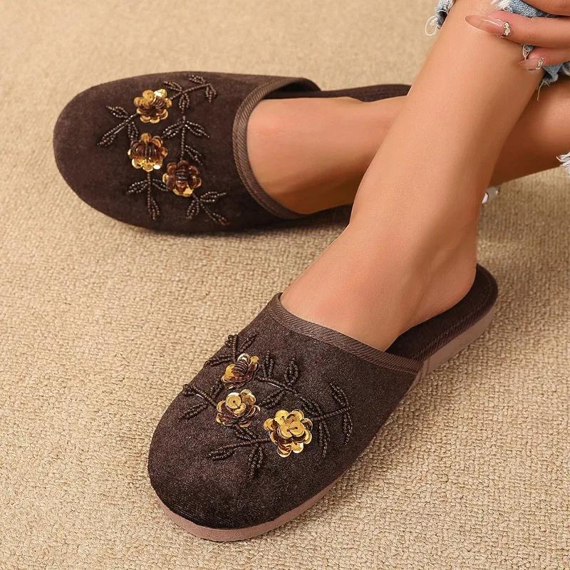 Мода 2025 Лето Сетка Женские Стринги Бусины Цветочные С Круглым Носком Шлепанцы Ретро Балетки для Повседневной Носки Уличного Использования Сандалии с Закрытым Носком