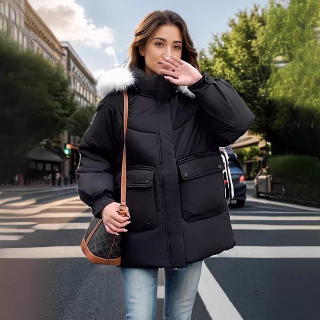 Зимняя Новая Свободная и Тонкая Короткая Одежда Большой Меховой Воротник Утолщенная Хлопковая Одежда Куртка Женская