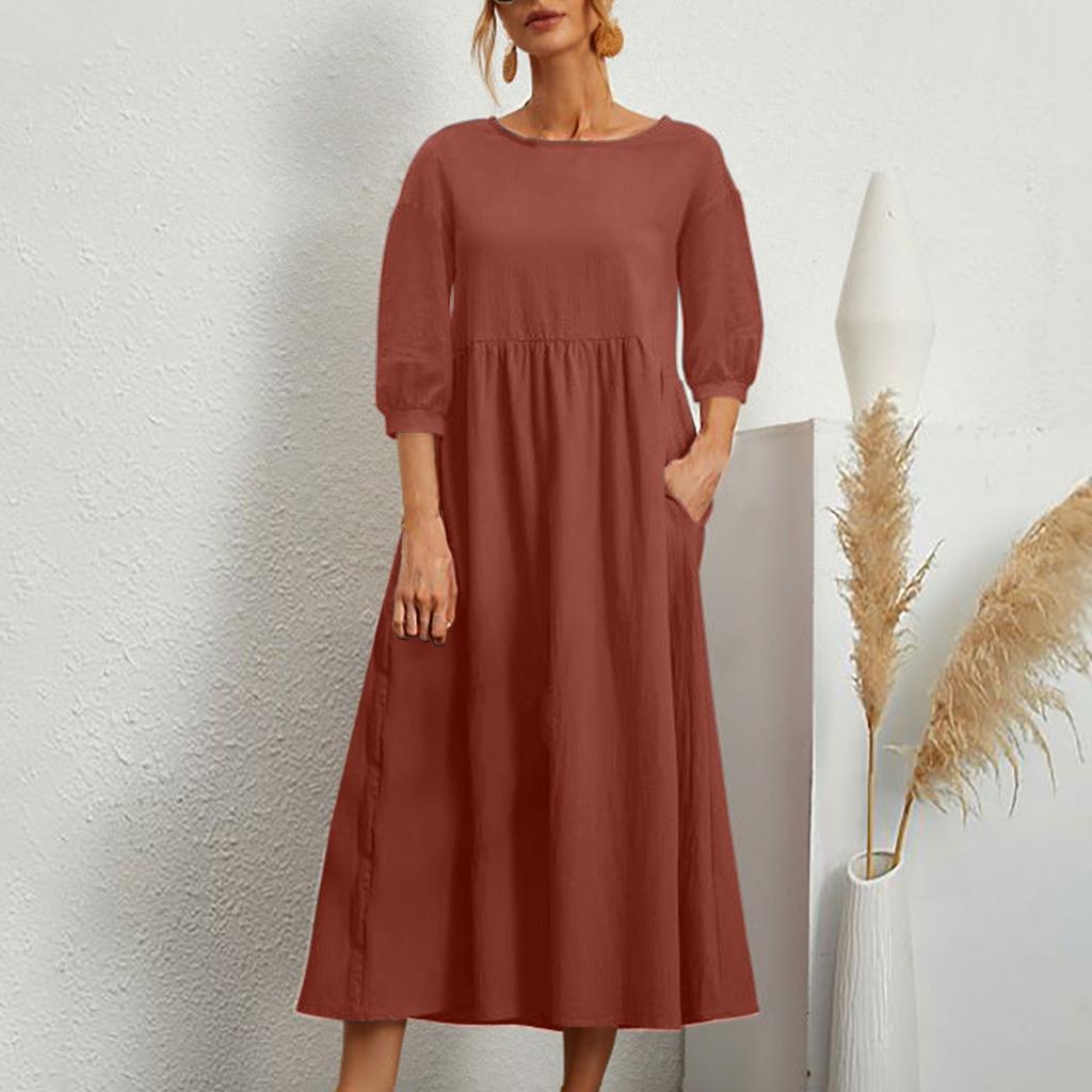 Женское модное однотонное свободное хлопково-льняное длинное платье с карманами и средними рукавами