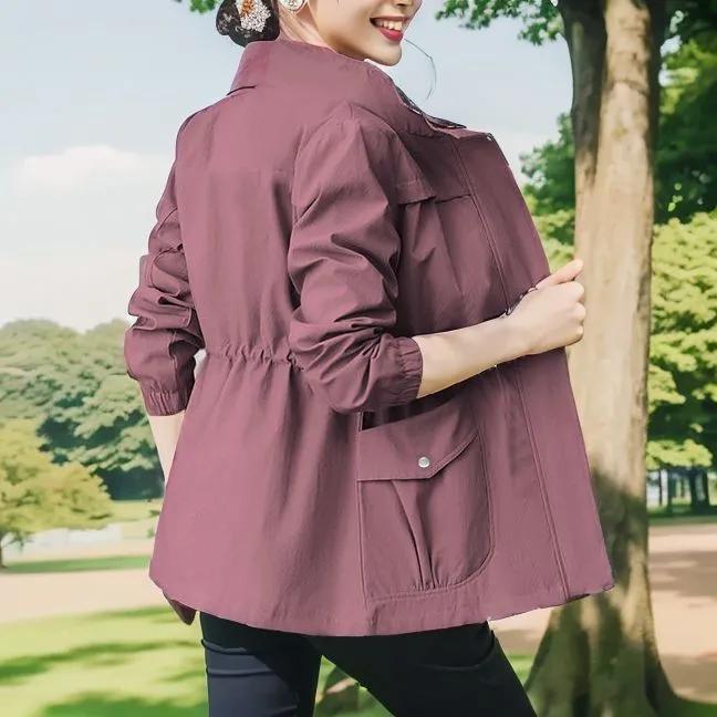 Women's Spring and Autumn Design Double-layer Zipper Collar Waist Thin Trench Coat Solid Color Slim Elegant Jacket