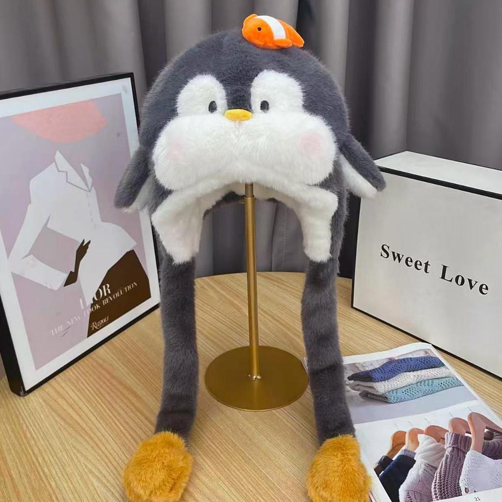 Blue-Gray Penguin Ear Moving Earmuffs, Faux Fur, Windproof, Cold-Proof, Cute Winter Hat for Kids.