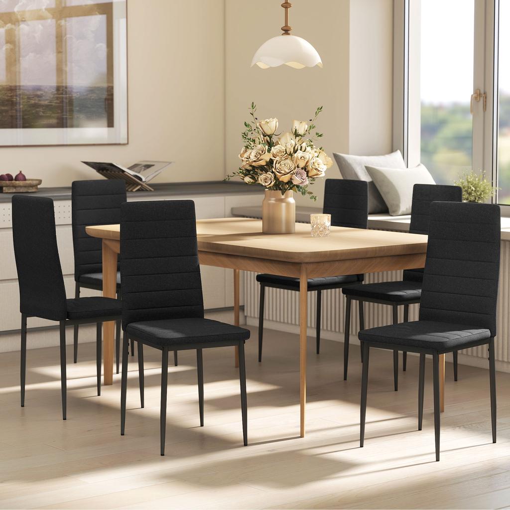 Pack Of 6 Modern Dining Chairs Upholstered In Synthetic Linen With High Backrest And Metal Legs 41x50x97 Cm Black