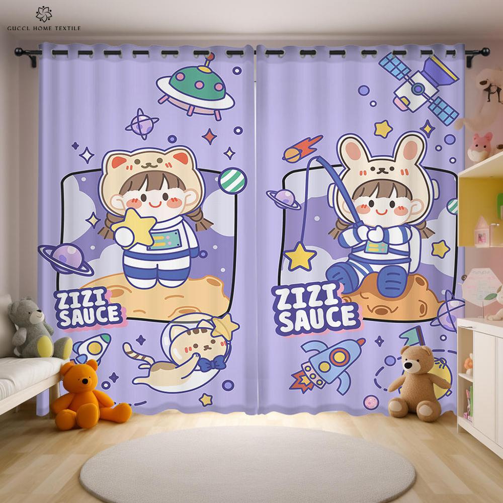 Шторы с принтом «Космический астронавт», шторы с мультяшным рисунком, карманы для штанг, для мальчиков и девочек, для гостиной, кабинета, кухни, декоративные, 2 шт.