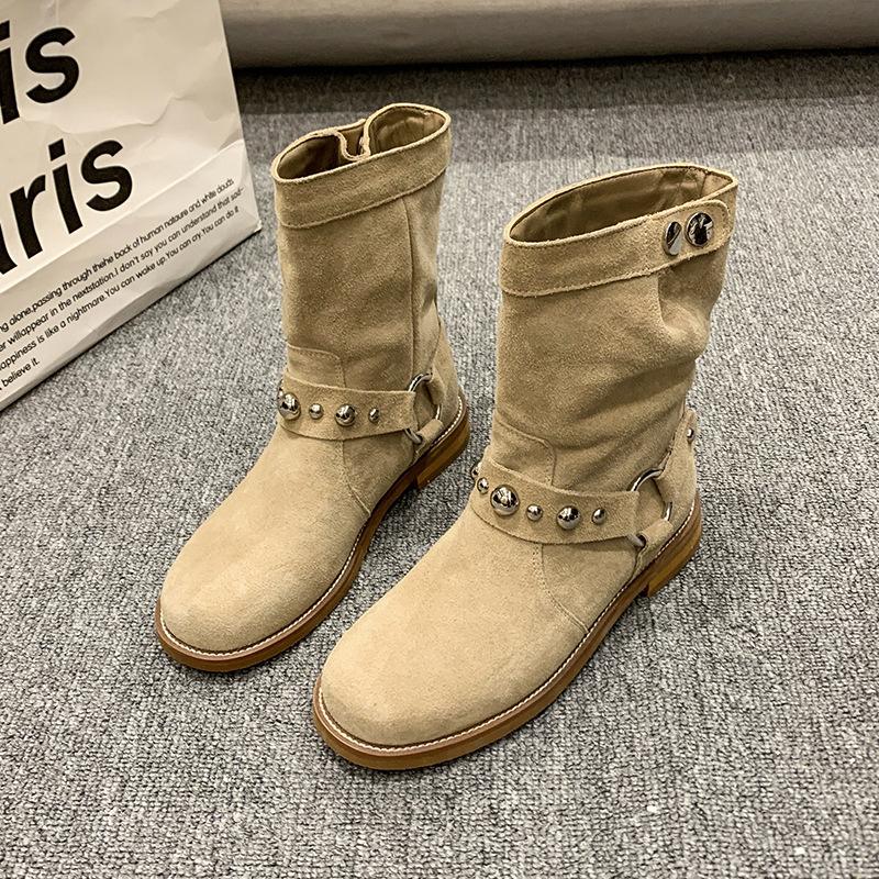 Fashion New Women Suede Leather Ankle Boots Square Low Heels Pointed Toe Western Cowboy Boots Woman Autumn Winter Buckle Short Booties