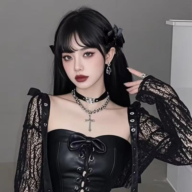 2Pcs Y2k Gothic Cross Pendant Lace Bow Hair Clips Bowknot Hairpin Girl's Street Exquisite Hair Accessories