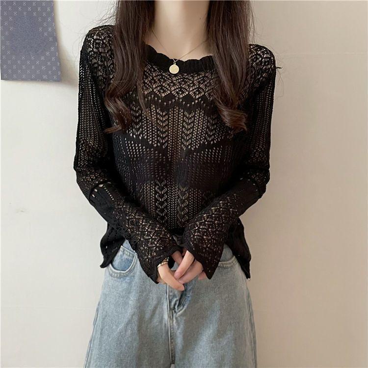 Spring Hollow Sunscreen Knitted Long-sleeved T-shirt Women's Loose Short Versatile Top Solid Color Thin Blouse
