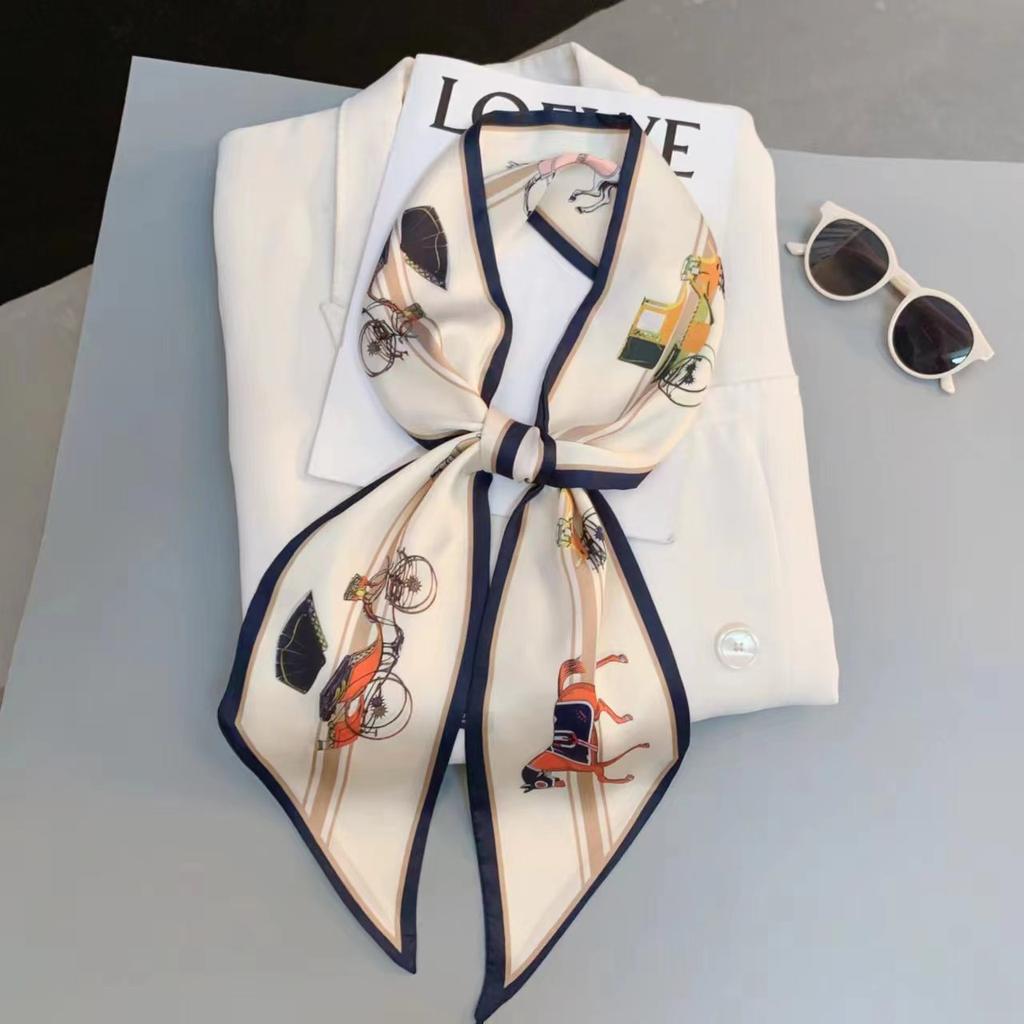 Luxury Design Long Silk Scarf Women Summer Fashion Bag Handle Ribbon Ladies Horse Print Headband Small Hair Scarves Female