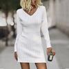 Женское модное повседневное однотонное платье-свитер с v-образным вырезом, свободное вязаное платье с длинными рукавами