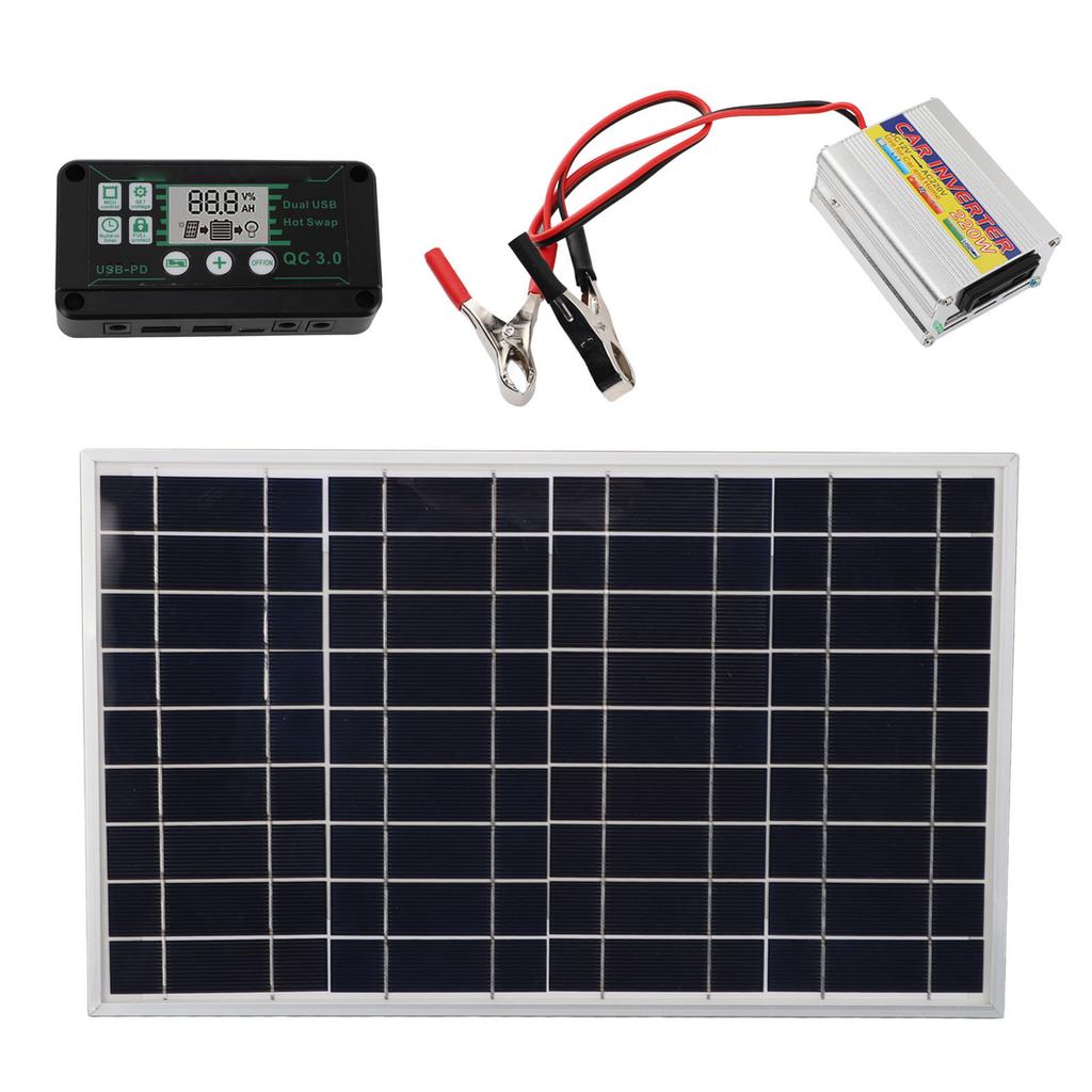 30W Solar Panel Kit with 220W Inverter and MPPT QC3.0 Controller, Portable Solar for RV Camping Boat Car 12V Battery