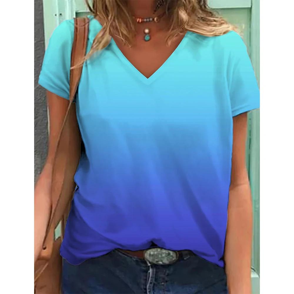 Простые градиентные 3D-принты, повседневные базовые женские топы с V-образным вырезом и короткими рукавами, летние женские топы больших размеров для дома, удобные футболки