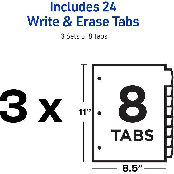 Avery Write & Erase 8 Tabs Pastel Plastic Divider for 3 Ring Binders, 3 Sets (8 Colors)