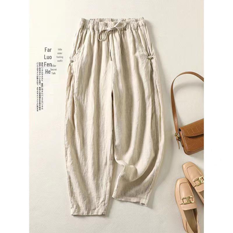 Хлопковые брюки гаремы с высокой талией и ретро застежкой-лягушкой - Легкие, эластичные, с завязкой на талии, свободного кроя для весны/лета