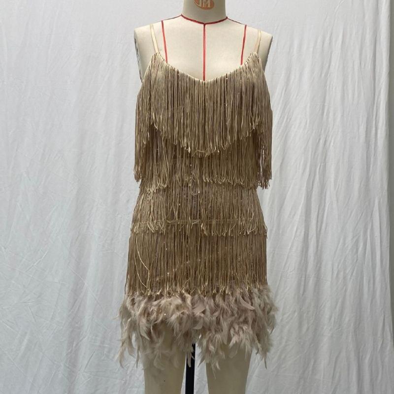 Модное сексуальное платье с пайетками и кисточками на день рождения для женщин без рукавов с V-образным вырезом, элегантное платье в стиле пэчворк с перьями и высокой талией, повседневные платья с открытой спиной 25029