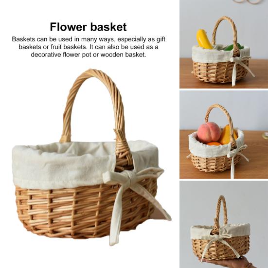 Flower Basket with Handle And Fabric Lining Hand-Woven Great Load Bearing Large Capacity Picnic Camping Basket Easter Gift Wicker Basket Grocery