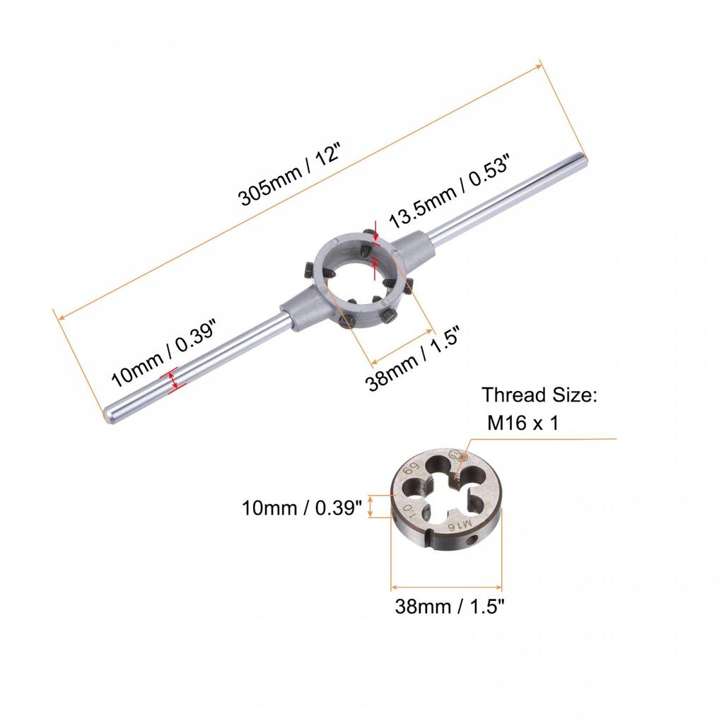 Uxcell Воротник для плашек M16x1 Резьба Круглая плашка и 38 мм с регулируемым набором ручных инструментов, (Совместимые плашки M12-M16) Держатель, Гаечный ключ,