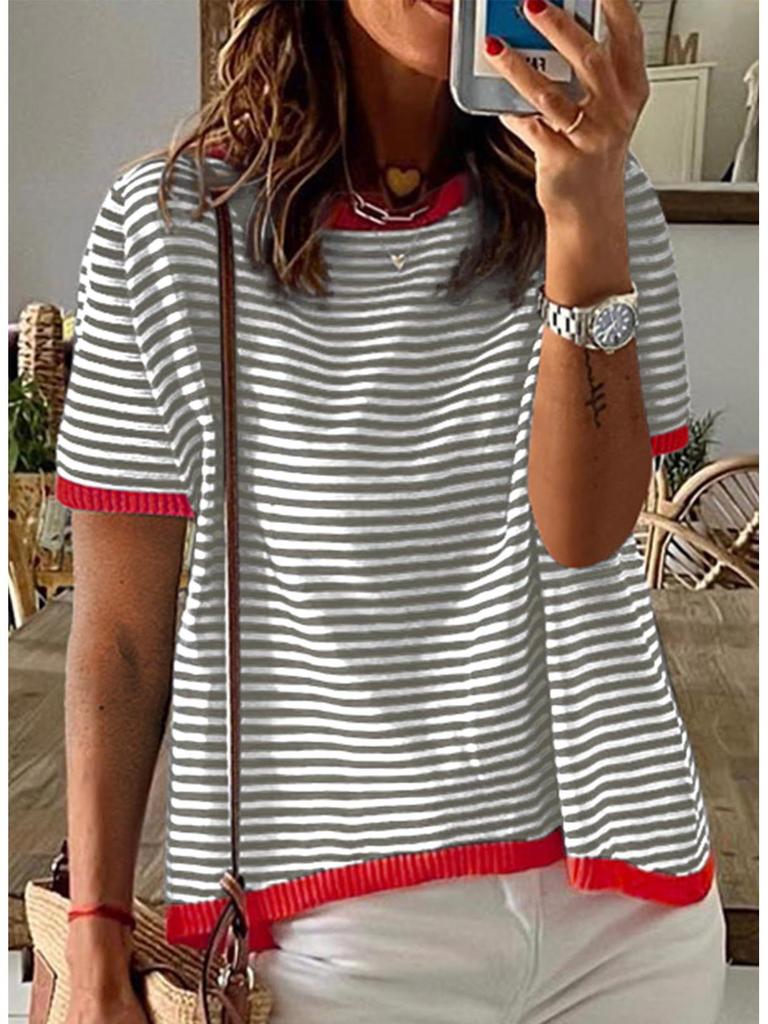 2025 Полосатый контрастный вязаный свитер: Европейский/американский стиль, спущенное плечо, короткий рукав