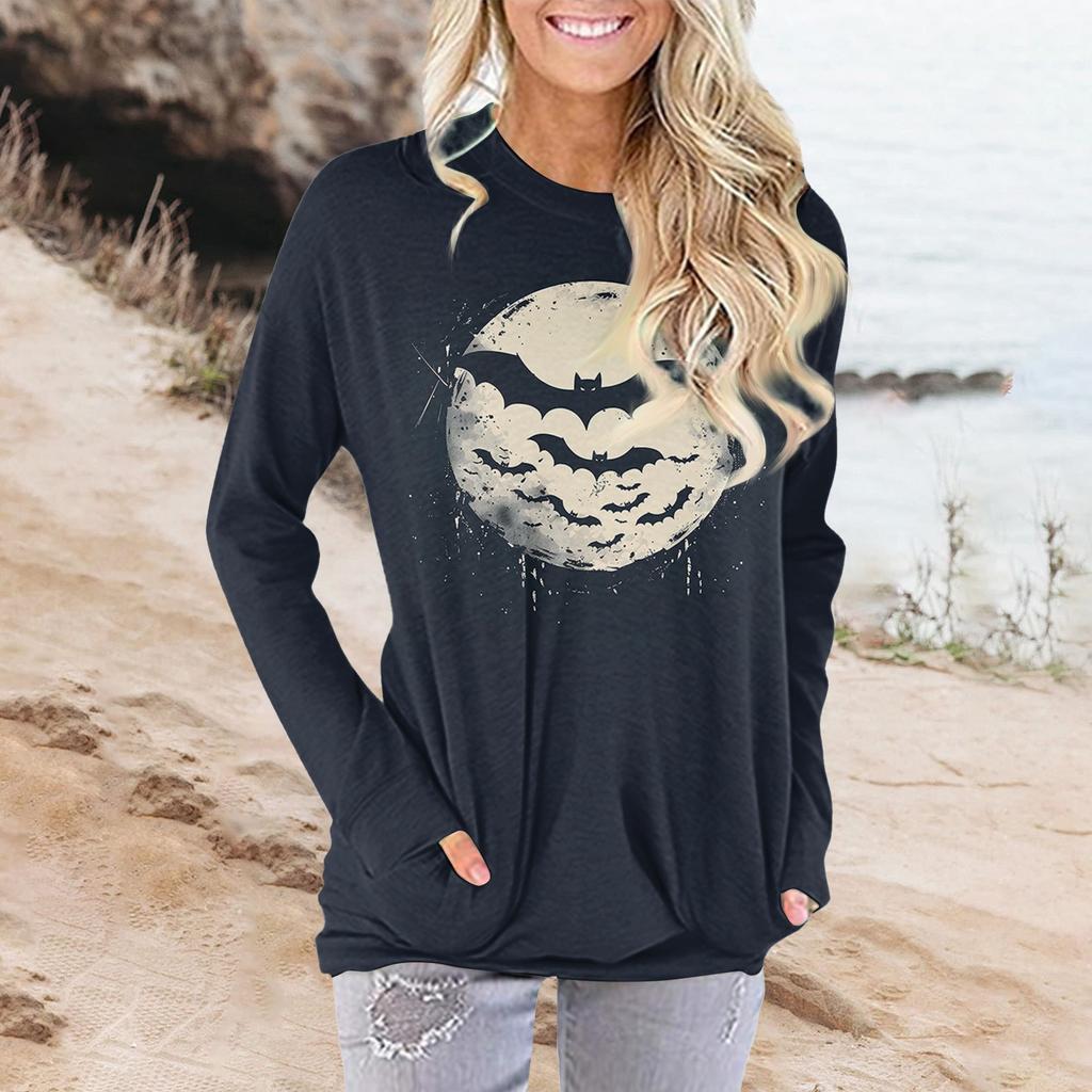 Женская модная повседневная футболка с круглым вырезом и принтом, длинными рукавами и карманами