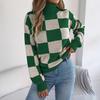 GMXIA Autumn and Winter Casual High-neck Contrasting Color Checkered Lantern Long-sleeved Sweater Women's Wear