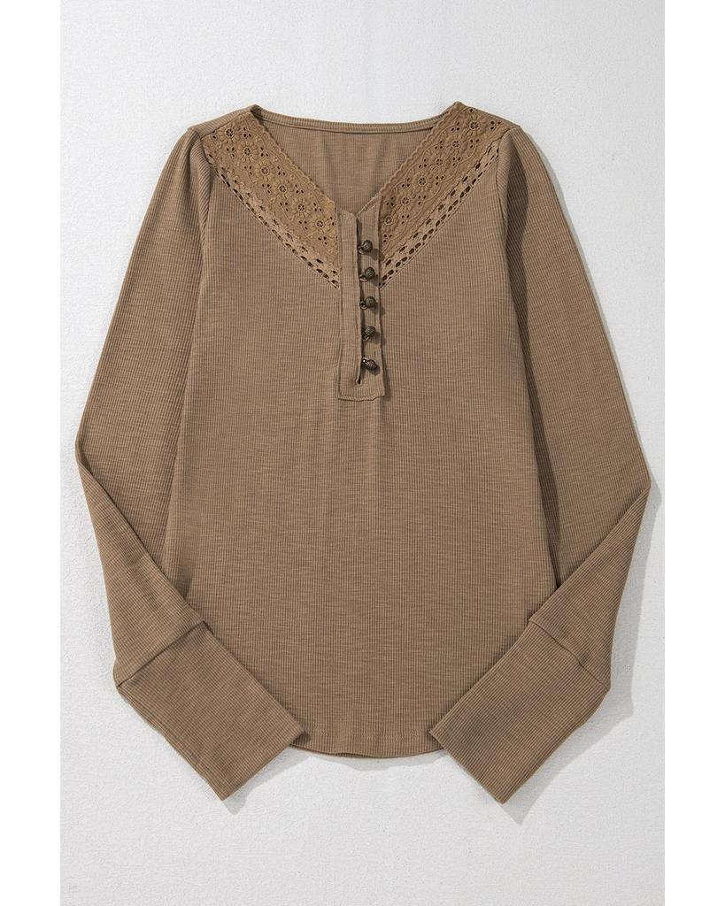 Azura Exchange Каштановый топ с длинными рукавами в рубчик с вышивкой в английском стиле