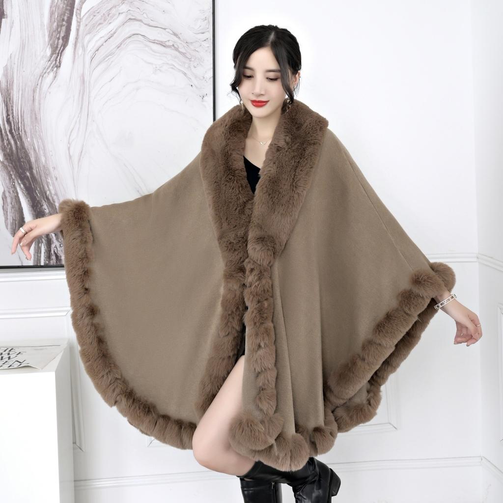 16 Colors Women String Rabbit Fur Collar Outstreet Wear Winter Thick Poncho Cardigan Long Cloak Big Pendulum Loose Shawl Coat